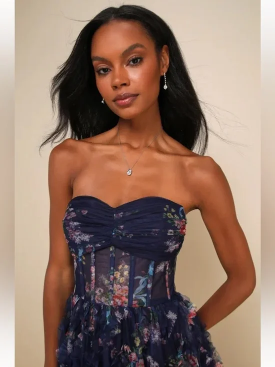 NWT Lulus Stunning Element Navy Floral Mesh Ruffled Strapless Maxi Dress - Picture 4 of 7